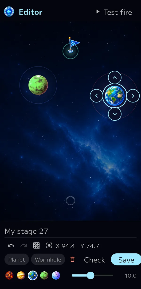 The editor. Arrows surround the selected planet, and below the stage name are the undo, redo, grid and focus buttons and the X/Y position