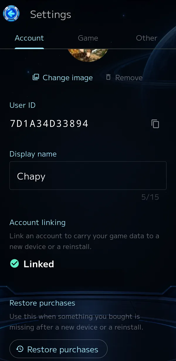 The Account tab in Settings