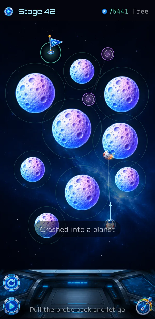 A stage screen with the stage number and points at the top, planets and the goal flag on the board, and the control panel at the bottom