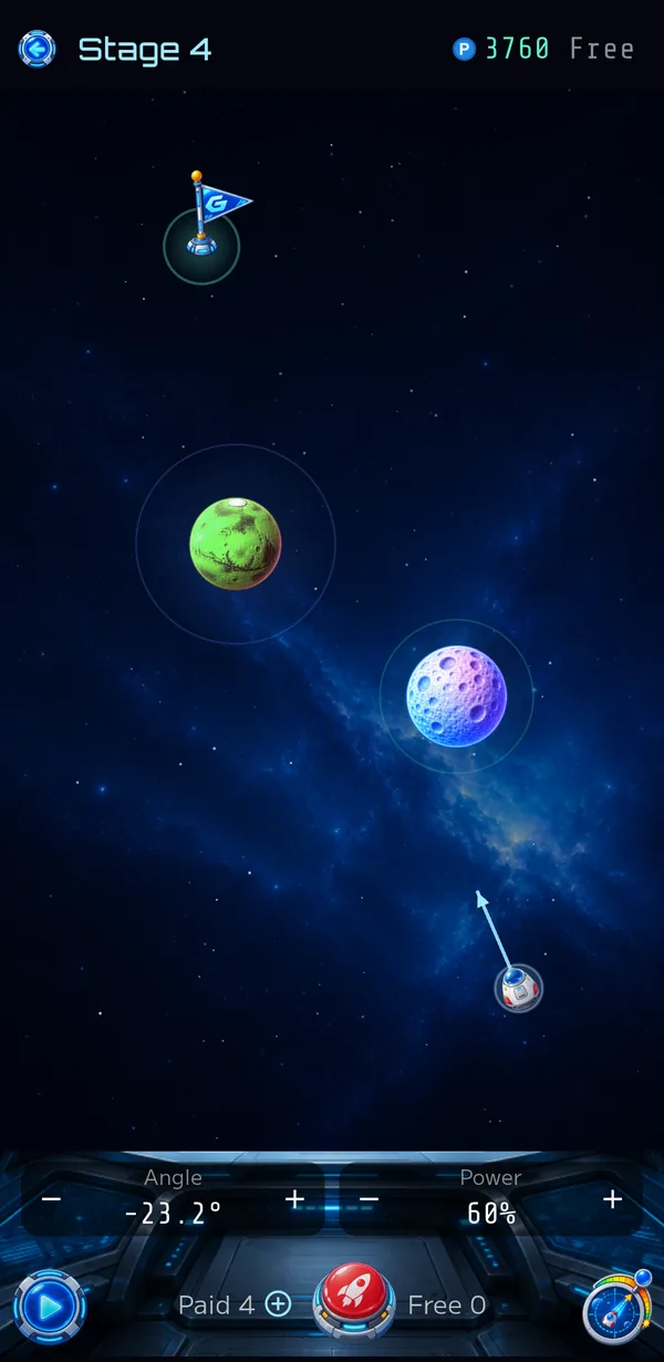 A stage screen in tuning mode showing the angle and power, the launch button, and the paid and free launches left