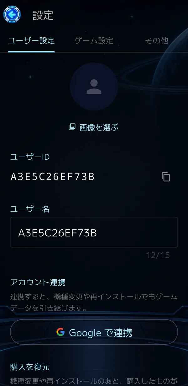 設定のユーザー設定タブ