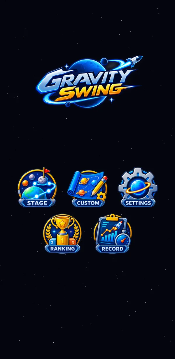 メニュー画面。STAGE・CUSTOM・SETTINGS・RANKING・RECORD のボタンが並ぶ